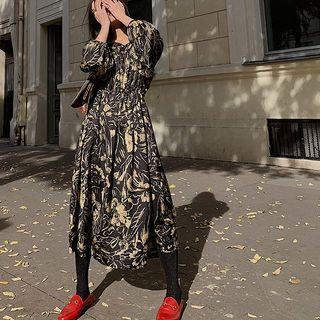 Drawstring-waist Long-sleeve A-line Midi Dress