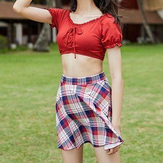 Set: Short-sleeve Swim Top + Plaid Skirt + Bottom