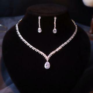 Set: Wedding Rhinestone Pendant Necklace + Dangle Earring