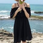 Cross Strap Back Off Shoulder Elbow Sleeve Dress