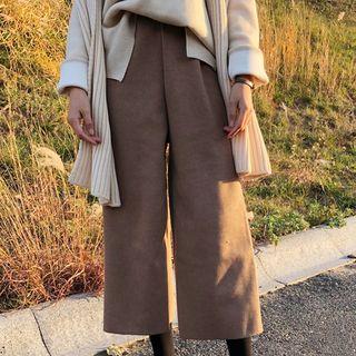 High-waist Plain Fleece-line Wide-leg Pants
