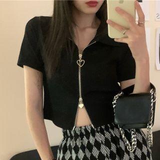 Short-sleeve Zip-up Cropped Top