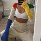 Long-sleeve Color Block Fishnet Knit Shrug