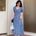 Puff-sleeve Sweetheart Neckline Floral Mini A-line Dress / Side-slit Floral Midi Dress