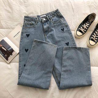 Print High-waist Straight-cut Jeans