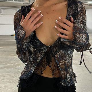 Lace Trim V Neck Long Sleeve Cropped Cardigan