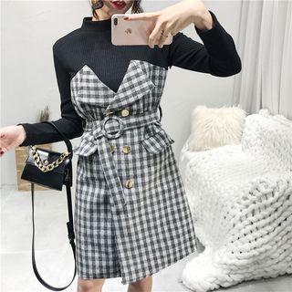 Gingham Panel Long-sleeve A-line Dress