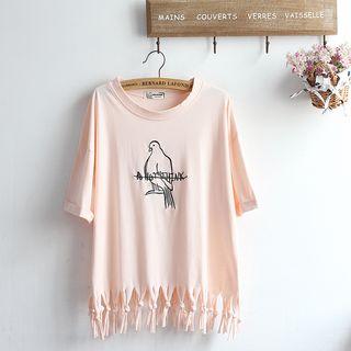 Fringe Hem Embroidered Short-sleeve T-shirt