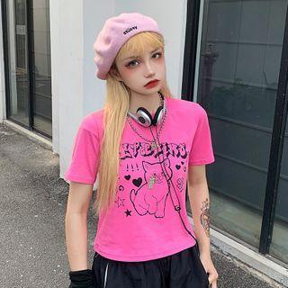Cat-print Lettering Short-sleeve T-shirt Rose Pink - One Size