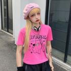 Cat-print Lettering Short-sleeve T-shirt Rose Pink - One Size