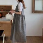 Set: Short-sleeve Blouse + Plaid Midi A-line Overall Dress Blouse - White - One Size / Dress - Plaid - Black & White - One Size