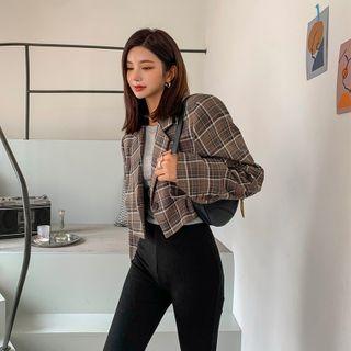 Single-button Cropped Plaid Blazer Brown - One Size