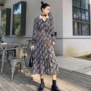 Contrast Collar Floral Midi A-line Dress