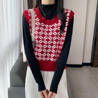 Patterned Sweater Vest / Long-sleeve Mock-neck Top / Set
