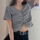 Gingham Ruched Cropped Plaid Blouse