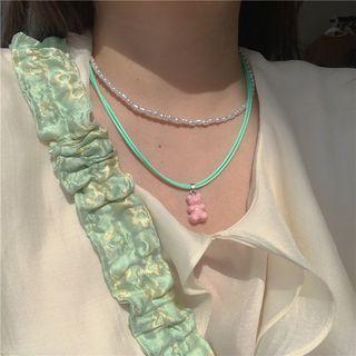 Bear Faux Pearl Layered Necklace White & Green - One Size