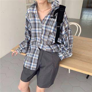 Long-sleeve Oversized Plaid Shirt / Wide-leg Shorts