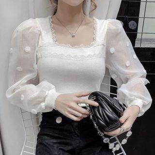 Balloon-sleeve Mesh Panel Lace Trim Blouse