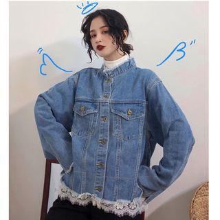 Lace Trim Buttoned Denim Jacket