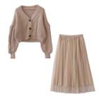 Cable-knit Cardigan / Mesh Midi A-line Skirt