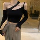 Off Shoulder Ripped Plain Long-sleeve Top