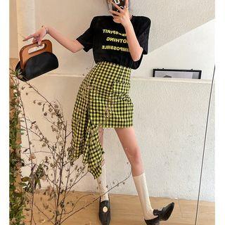 Short-sleeve Lettering T-shirt / High-waist Irregular Check Midi Skirt