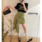 Short-sleeve Lettering T-shirt / High-waist Irregular Check Midi Skirt