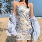 Spaghetti Strap Printed Mini Sheath Dress / Oversize Shirt In Two Colors