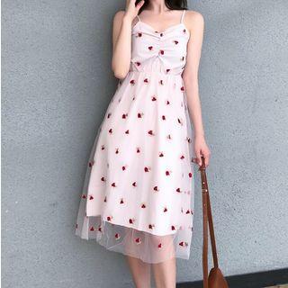 Rose Embroidered Spaghetti Strap A-line Dress