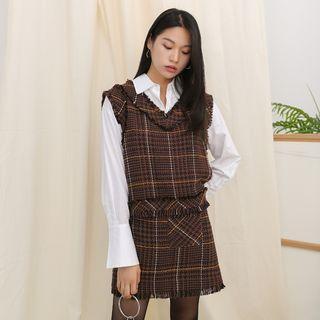 Sleeveless Frey-trim Tweed Top Brown - One Size