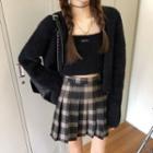 Knit Camisole + Long-sleeve Plain Knit Cardigan / Plaid Pleated Mini Skirt