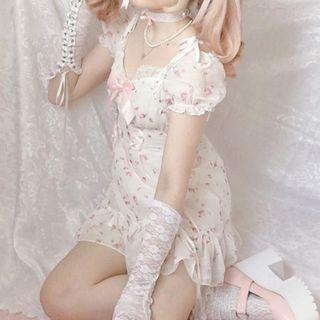 Short Sleeve Lace-trim Floral Print Bow-accent Mini Dress