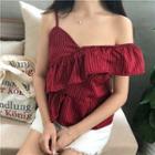 One-shoulder Frilled Pinstripe Spaghetti Strap Top