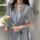 Short-sleeve Floral Print V-neck A-line Midi Dress Blue - One Size
