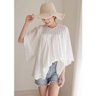 Lace-yoke Shirred Linen Top