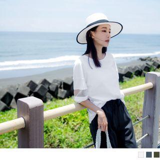 Elbow Sleeve Mesh Panel Plain T-shirt