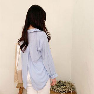 Slit-back Cotton Blouse Sky Blue - One Size