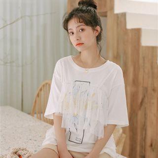 Mock Two-piece Elbow-sleeve Mesh Paneled T-shirt