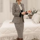 Set: Houndstooth Blazer + Midi Pencil Skirt