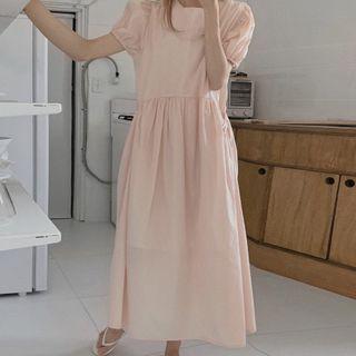 Puff-sleeve Double-pocket Bow Plain Dress Tangerine - One Size