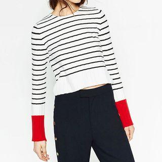 Contrast Cuff Striped Cropped Sweater