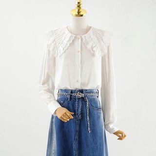 Lace Trim Shirt / Denim A-line Skirt / Waist Chain / Set