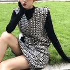Long-sleeve Mock Neck Top / Sleeveless Print Mini Dress