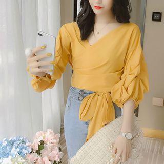 V-neck Lace-up 3/4-sleeve Top