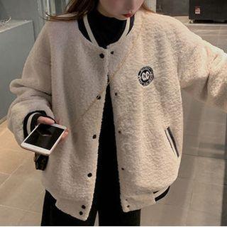 Lettering Embroidered Fluffy Baseball Jacket
