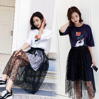 Set: Printed Dress + Lace Skirt