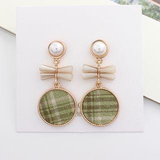 Plaid Fabric Disc Faux Pearl Faux Crystal Dangle Earring