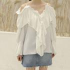 Bell-sleeve Cold-shoulder Chiffon Blouse White - One Size