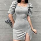 Short-sleeve Square Neck Slited Mini Sheath Dress