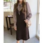Set; Tie-neck Check Blouse + Sleeveless Knit Dress Brown - One Size